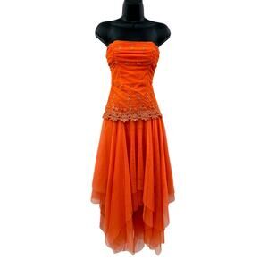 Morgan & co Y2K orange strapless handkerchief dress